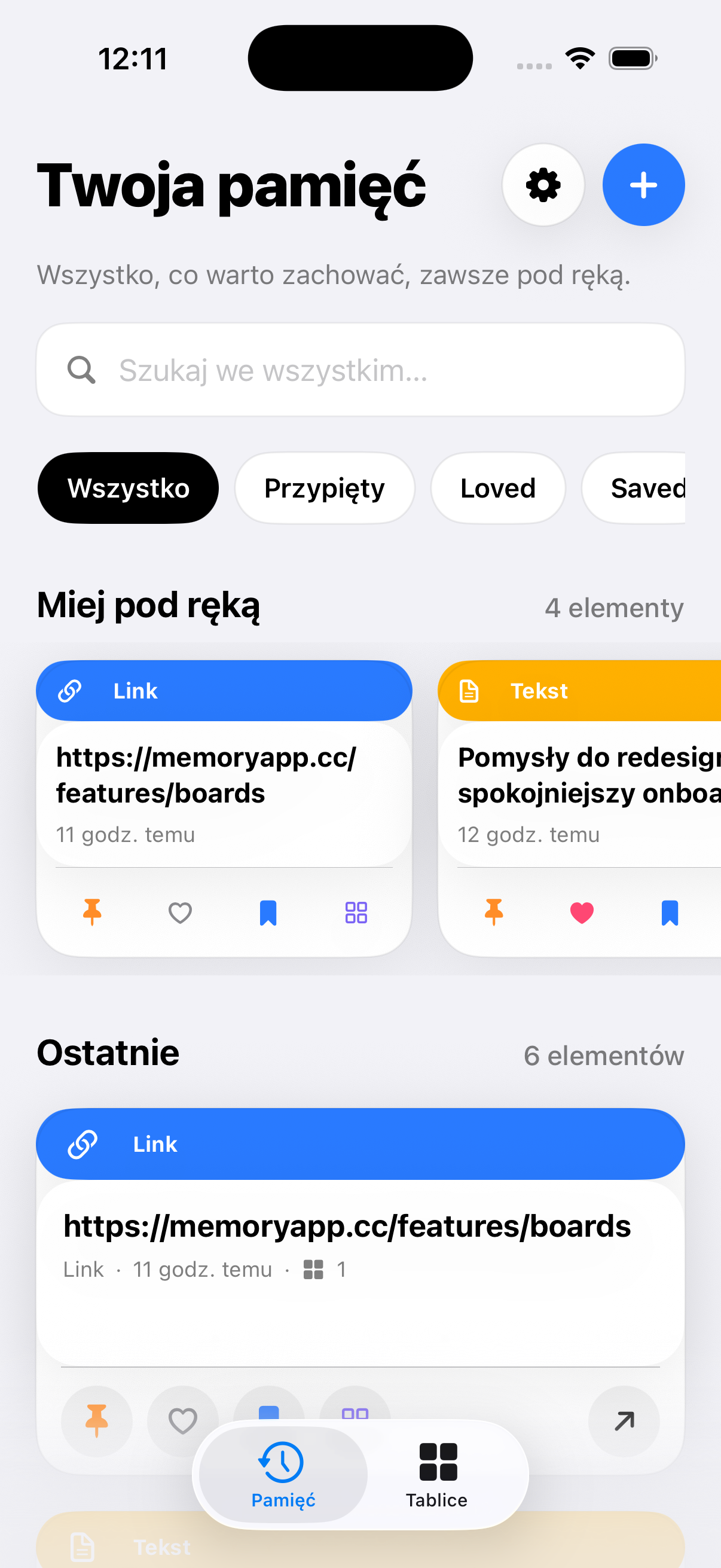 Aktualny ekran SyncPocket App na iPhonie po polsku — wyszukiwanie, filtry, karty i szybkie akcje